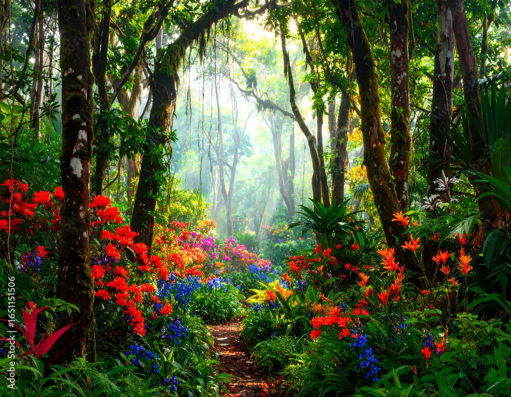 Fototapeta premium Magical forest path with vibrant colorful flower and lush green tree. Serene light shines through mystical jungle landscape background