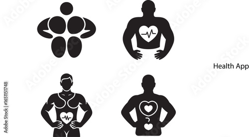 Black and white icons of muscular men with hearts and heart rate symbols representing health and fitness.