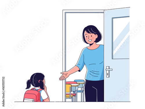 Welcoming the Student: A teacher extends a warm invitation to a student, symbolizing a welcoming school environment.