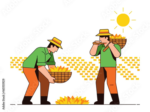 Harvest Time: Illustrative depiction of hardworking farmers, diligently gathering a bountiful harvest on a sunny day, symbolizing the culmination of labor and nature's generosity.