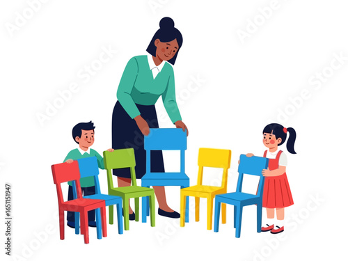 Colorful Classroom Interaction: A caring teacher facilitates a vibrant learning environment for children. Each holds colorful chairs, representing a playful space for education and growth.
