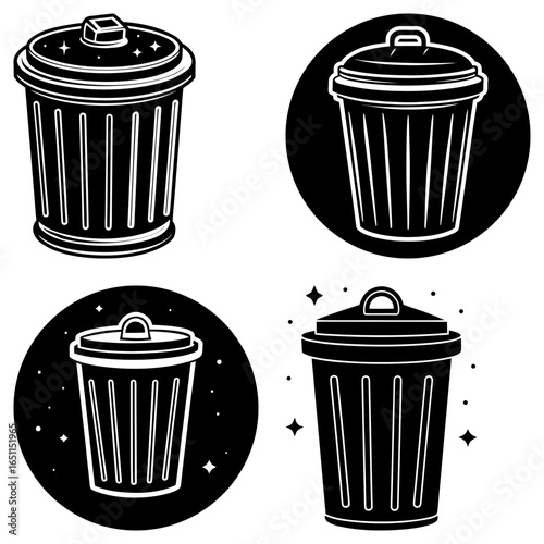 Illustration set featuring four black and white trash cans with lids in various designs and styles