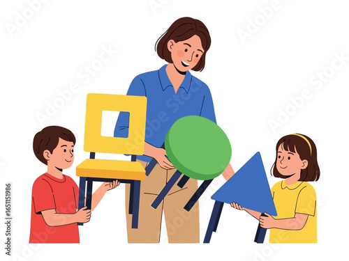 Geometric Harmony: A caregiver and children arrange diverse geometric-shaped chairs, embodying teamwork and fun in a learning environment.