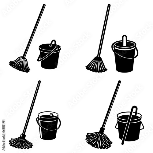 Illustration showing four sets of mops and buckets in a black and white cleaning supply arrangement