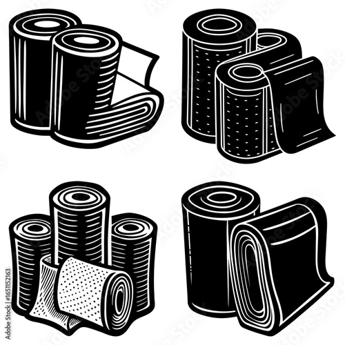 Collection of medical bandages and elastic wraps in various arrangements in a black and white illustration