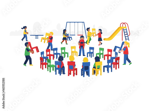 Children's Playground Game: A playful group of children engages in a spirited game of musical chairs on a vibrant playground, filled with laughter and innocent fun.