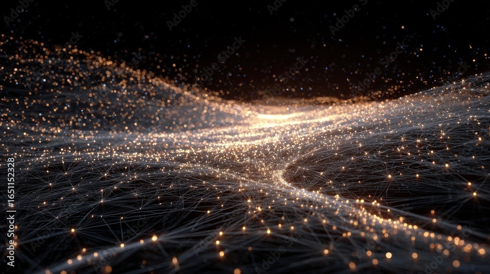 Obraz premium Abstract Network Connections Flowing Over Dark Background, Possible Technology Use