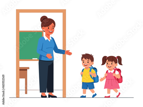  Welcoming Students: A caring teacher warmly greets two young students as they enter a bright classroom, initiating their exciting journey of learning.