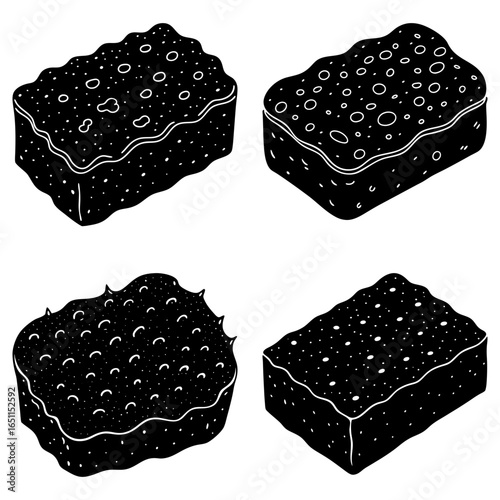 Four black and white sponges with different textures arranged in a square formation on a white background