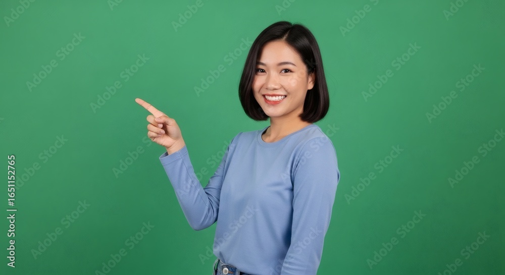 Radiant Asian Woman in Blue Sweater Happily Pointing Sideways Against a Green Chroma Key Backdrop. Radiant Asian Woman in Blue Sweater Happily Pointing Sideways Against a Green Chroma Key Backdrop.