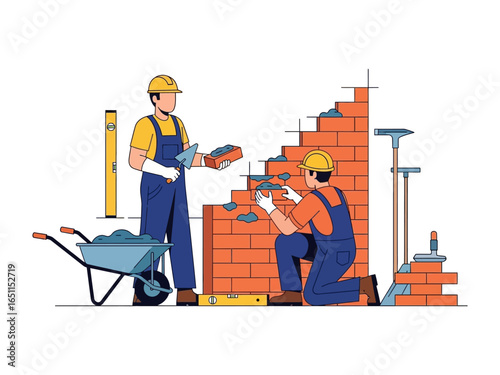 Building the future: two bricklayers meticulously lay bricks, a testament to construction, teamwork, and the creation of a solid foundation. Witness the craftsmanship!