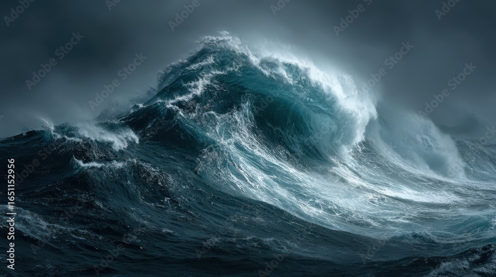 Fototapeta premium Large crashing wave in open sea. Background shows stormy weather; for coastal threat