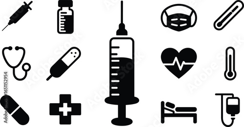 Vector set of medical icons with syringe, medicine vial, stethoscope, capsule, face mask, thermometer, heartbeat, hospital bed, IV drip, and medical cross symbols.