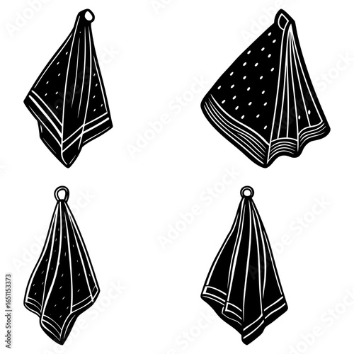 Illustration of four hanging towels with different patterns in black and white style drawing art
