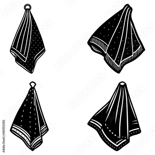 Illustration of four hanging towels with different patterns and textures in a black and white design