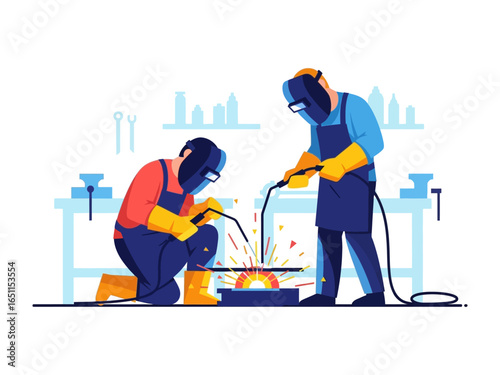 Welding in progress: Illustration captures the heat, precision, and skill of a metalworker. Two metal workers, are diligently working in a workshop, sparks fly as they create something new.