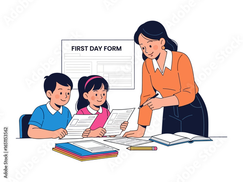 First Day Classroom Guidance: In an artful illustration, a teacher guides young students through their first-day forms in a cheerful classroom environment.