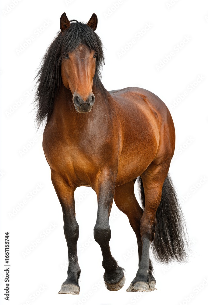 Naklejka premium Full shot of a brown horse, facing forward, on white background. Long, dark mane and tail. Solid brown coat. Strong stance