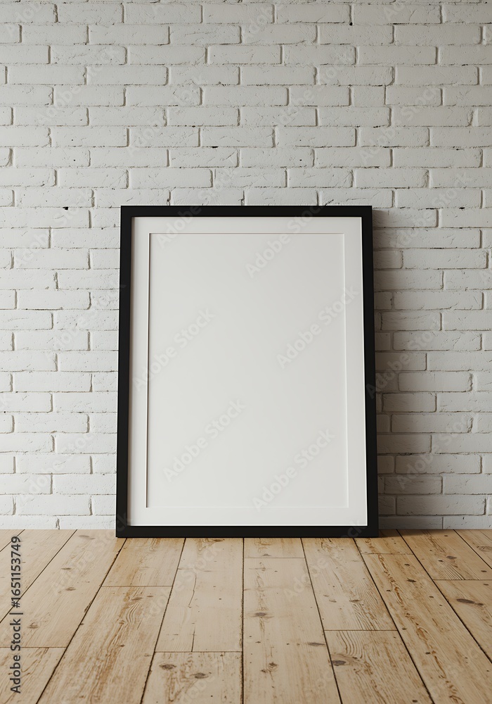 Modern black picture frame mockup against a painted white brick wall and light wooden floor creating a minimalist interior design concept for artwork display Modern black picture frame mockup against a painted white brick wall and light wooden floor creating a minimalist interior design concept for artwork display