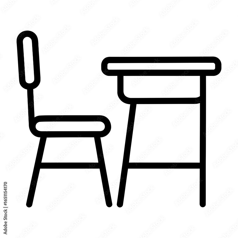 Fototapeta premium Black and white line icon of school desk and chair, education or classroom tool