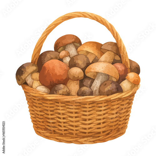 Watercolor wicker basket with forest mushrooms. Vector isolated on white background.