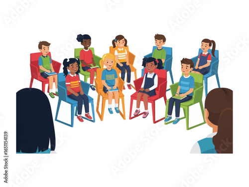 Circle of Learning: A vibrant illustration shows a group of young students and their instructor, engaged in a collaborative discussion. The colorful seats suggest inclusivity and community.