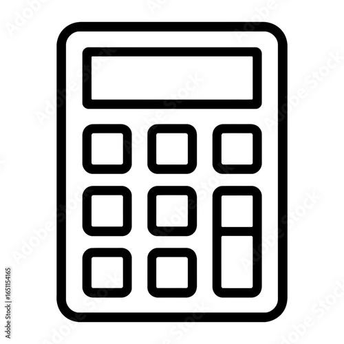 Black and white line icon of calculator with buttons and screen, math tool symbol