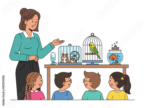 Education through Animals: A teacher engaging with children about animals including a hamster, parakeet, and goldfish.