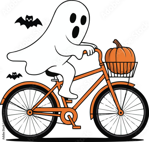 Cute Ghost Riding Bicycle with Pumpkin in Basket and Bats Halloween Illustration