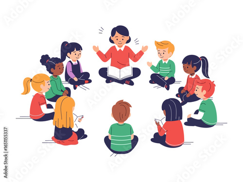 A Circle of Stories: A teacher with open book engages a captivated group of young learners, fostering a collaborative atmosphere of creativity and education.