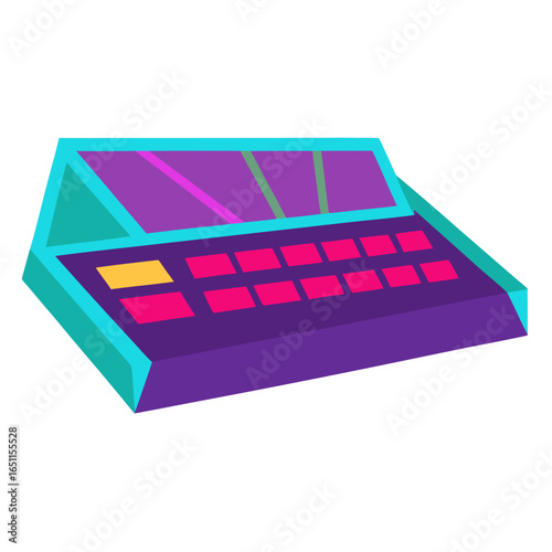 Retro electronic music production device with colorful buttons