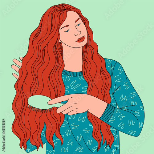 Young woman combs her long, wavy hair with a brush. Beautiful girl with red hair is grooming herself. Vector flat illustration of hair care. Woman wearing pullover on green background. Drawn by hand.