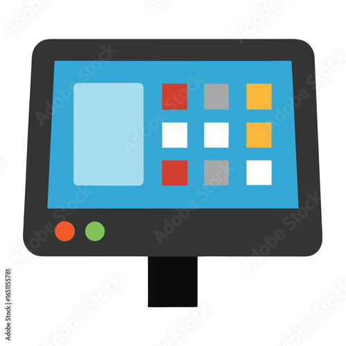 Modern touchscreen display with colorful buttons and screen area