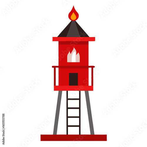 Red fire watchtower with flame on top