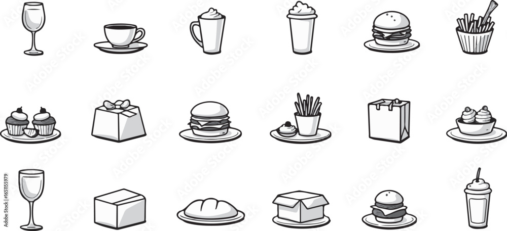 Fototapeta premium Silhouette set of Food & Beverage Industry icons of wine glasses, coffee cups, fast food, bakery items, and delivery packaging