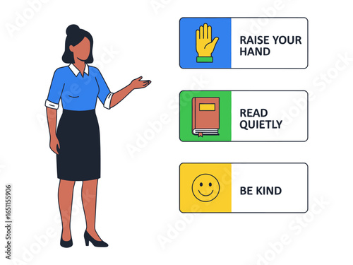 Classroom Guidance: An educator gestures toward three instructional signs, with directives to Raise Your Hand, Read Quietly, and Be Kind, conveying educational values.