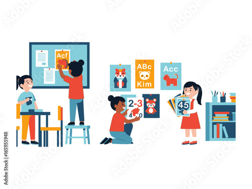 School Children in Classroom: A group of engaged and interactive school children actively participate in their bright and colorful classroom. Learning, education.