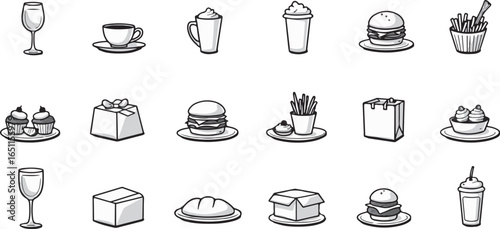 Silhouette set of Food & Beverage Industry icons of wine glasses, coffee cups, fast food, bakery items, and delivery packaging