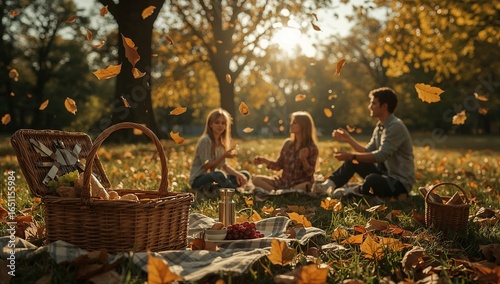 Golden Hour Picnic: Friends Enjoying Autumnal Bliss with Falling Leaves and Wicker Baskets