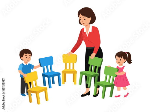 Kindergarten Classroom Scenario: A scene of a teacher interacting with children, organizing chairs in a vibrant classroom setting.