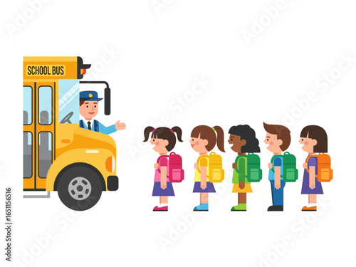 School Bus Lineup: A line of eager students awaits the yellow school bus, with the driver welcoming them aboard for a day of learning. The scene exudes energy and anticipation.