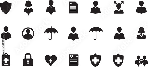 Silhouette set of Insurance & Risk Management
icons with shields, umbrellas, documents, family protection, and medical cross symbols