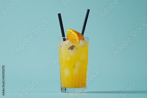 A tall glass of bright orange juice filled with ice, garnished with an orange slice and two black straws, sits against a pale teal background