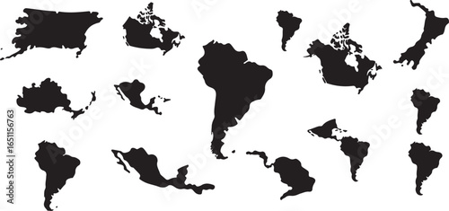 Silhouette set of Global Economy & Trade icons showing world maps, shipping containers, trade routes, currency exchange arrows, and market graphs
