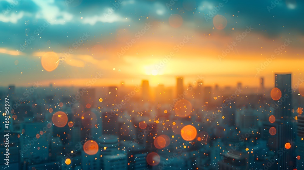 Obraz premium Atmospheric City Sunset Sky Bokeh Particles