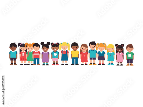 Diverse Group of Children: A heartwarming illustration depicts a line of diverse, smiling children, embodying unity and togetherness, symbolizing inclusion, childhood, and the future.