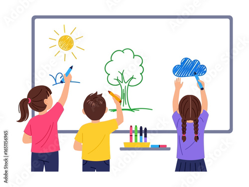 Creative Minds at Play: A group of children, filled with imagination and wonder, collaborate to create a vibrant painting on a giant whiteboard, bringing their artistic visions to life. 