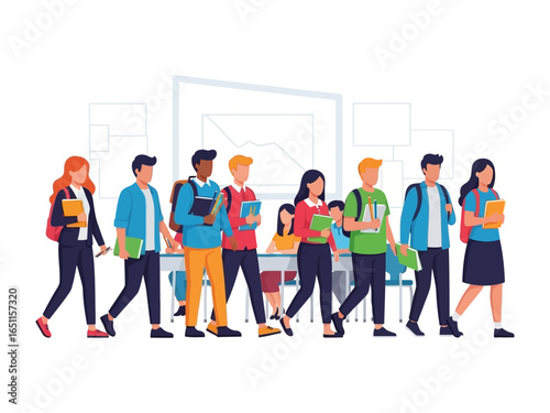 School Day Collective: A diverse group of students stride confidently into a classroom. Each holds their essential books as they begin their educational journey.