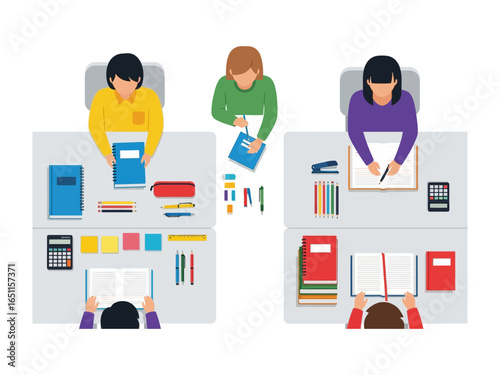 Classroom Cadre: Students engrossed in focused study, amidst neatly arranged books and supplies. An overhead view of a conducive learning environment.