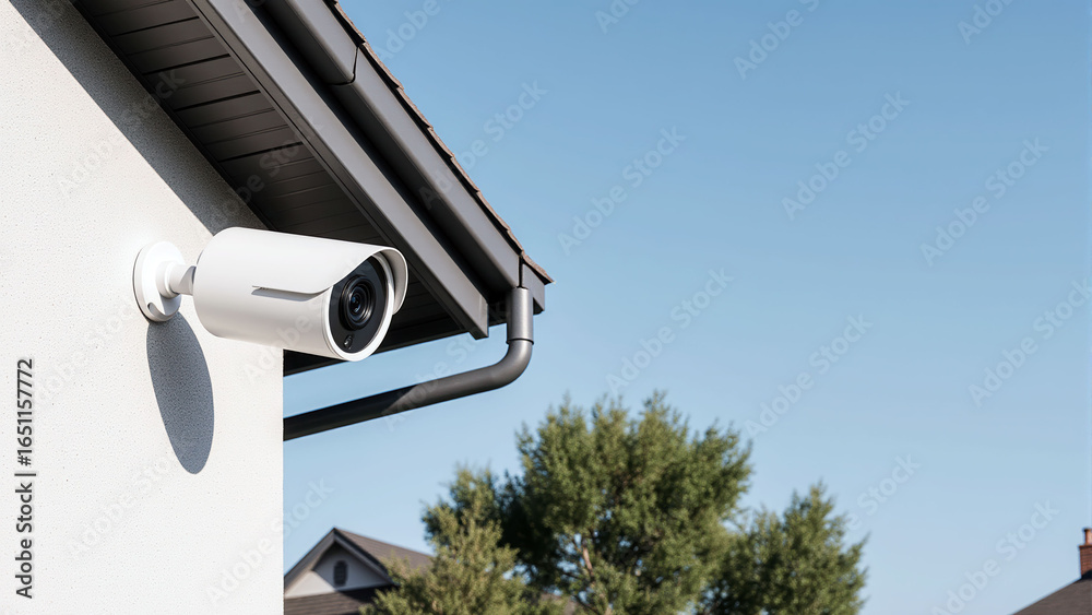 A modern white CCTV security camera is mounted on the exterior wall of a house. A modern white CCTV security camera is mounted on the exterior wall of a house.